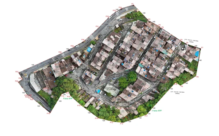 Planta cadastral sobre ortomosaico – Cohab-Santos