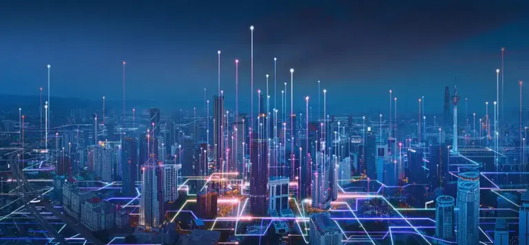 Representação digital de uma cidade com linhas de luz conectando os edifícios