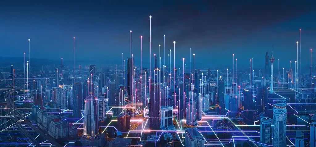 Representação digital de uma cidade com linhas de luz conectando os edifícios