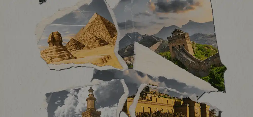 Colagem com a Esfinge, as pirâmides e a Muralha da China em recortes de papel