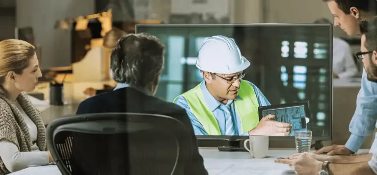 Engenheiro de capacete apresenta um projeto para colegas em uma reunião