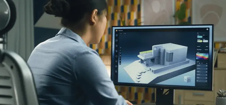 Profissional trabalha em um modelo tridimensional de edifício na tela do computador