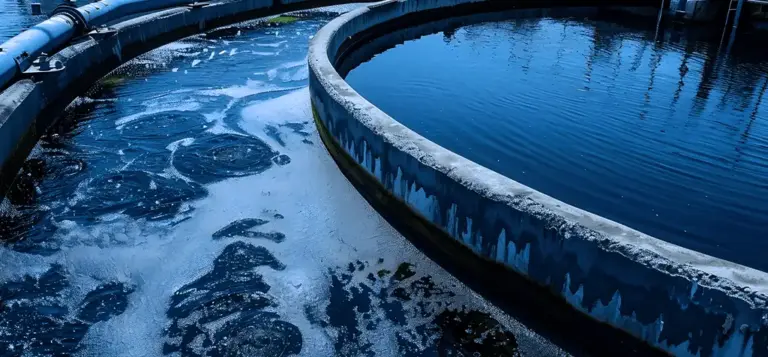 Tanque circular de decantação em uma estação de tratamento de água
