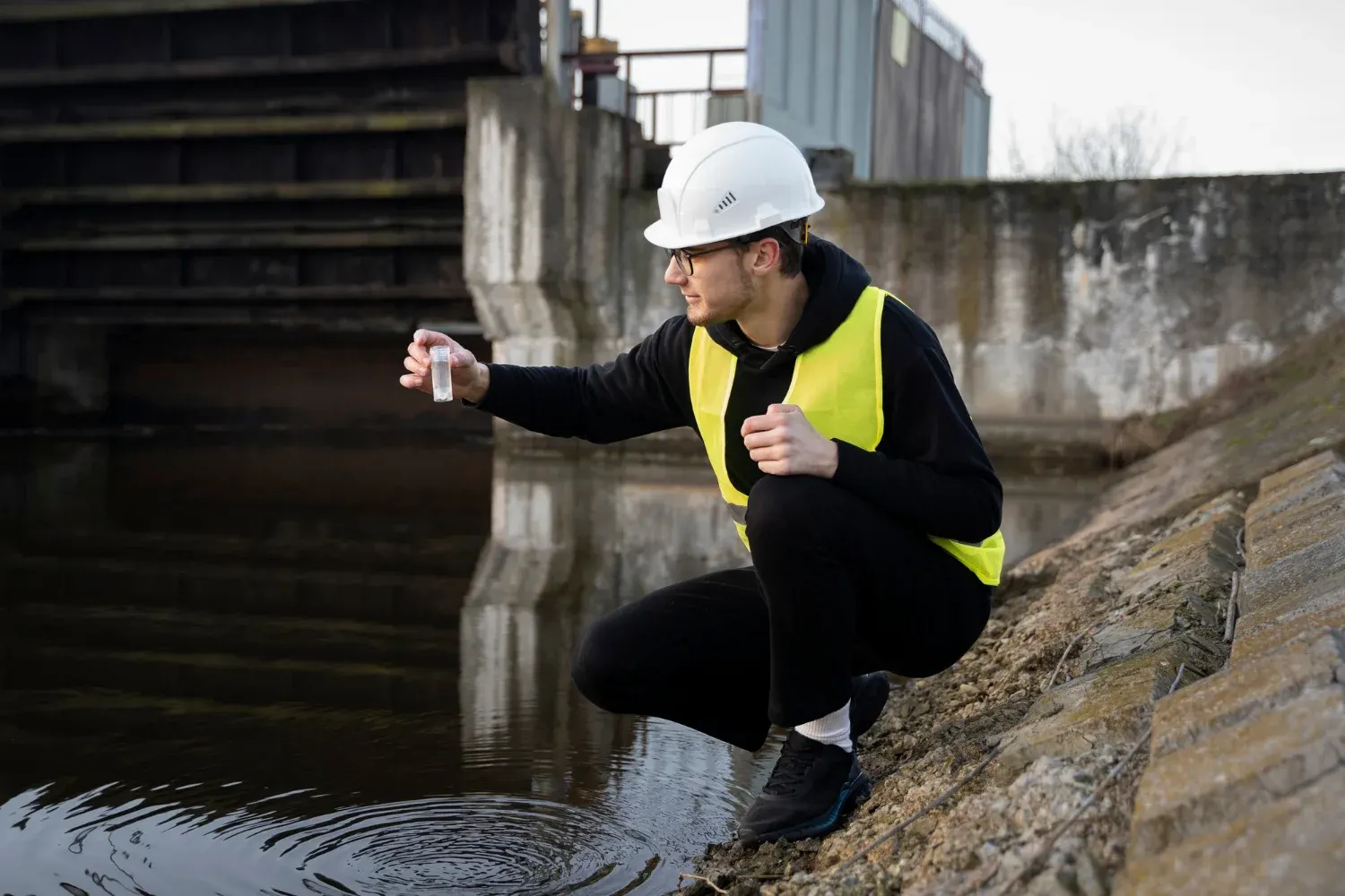 Engenheiro agachado coleta amostra de água em um canal