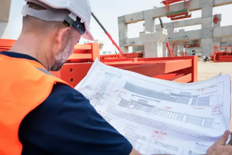 Engenheiro de capacete e colete consulta plantas técnicas em um canteiro de obras