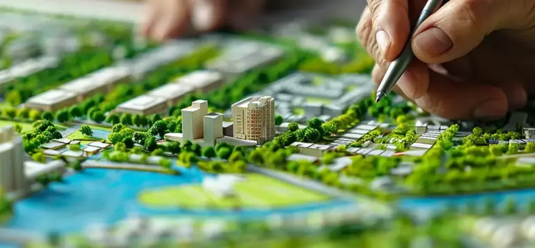 imagem de uma maquete com miniaturas de prédios e árvores e uma mão segurando uma caneta sobre a maquete.